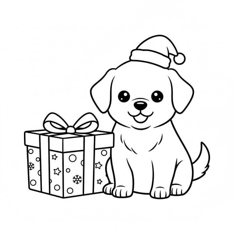 Yavru Köpek ve Noel Hediyesi Boyama Sayfası