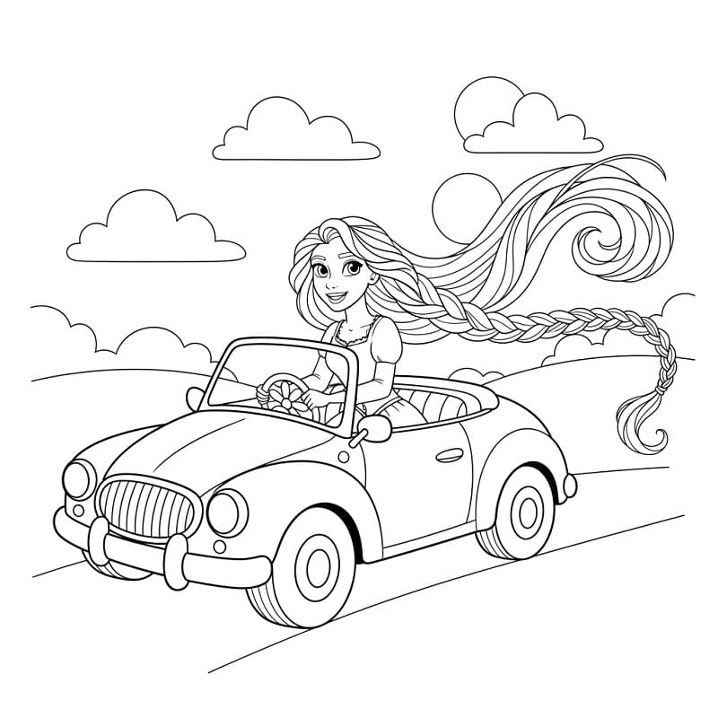 Araba Kullanan Rapunzel Boyama Sayfası