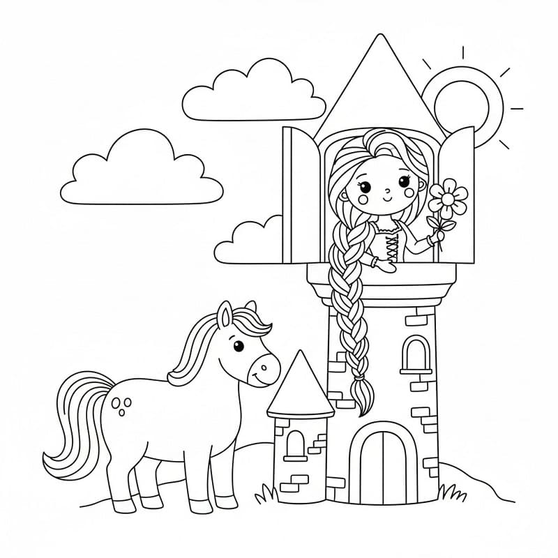 Atlı Rapunzel Boyama Sayfası