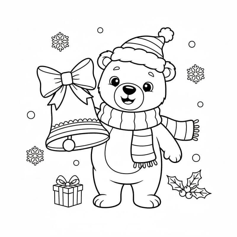 Ayı ve Noel Çanı Boyama Sayfası