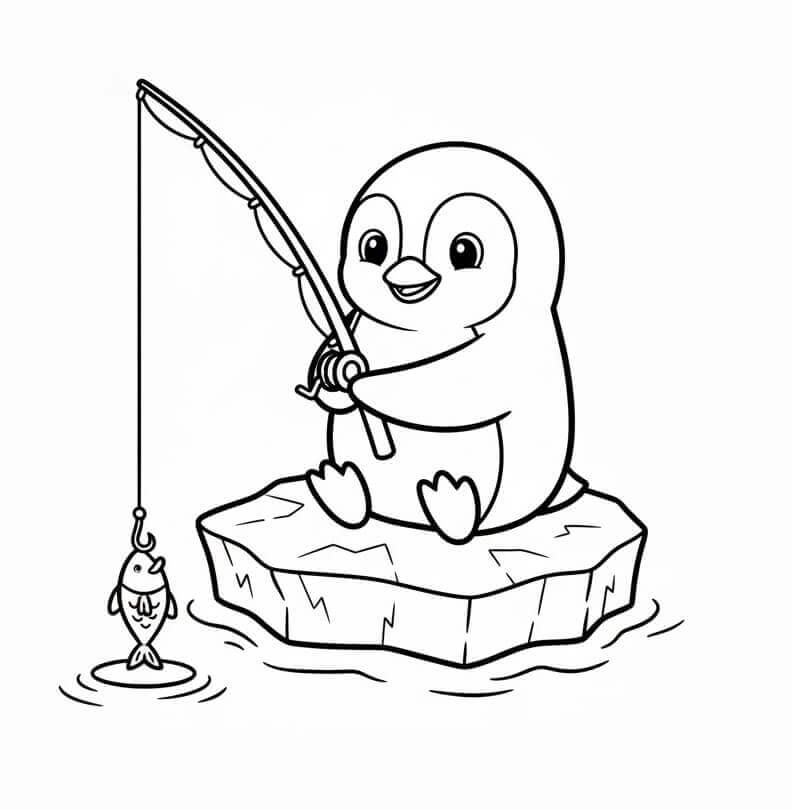 Balık Tutan Penguen Boyama Sayfası