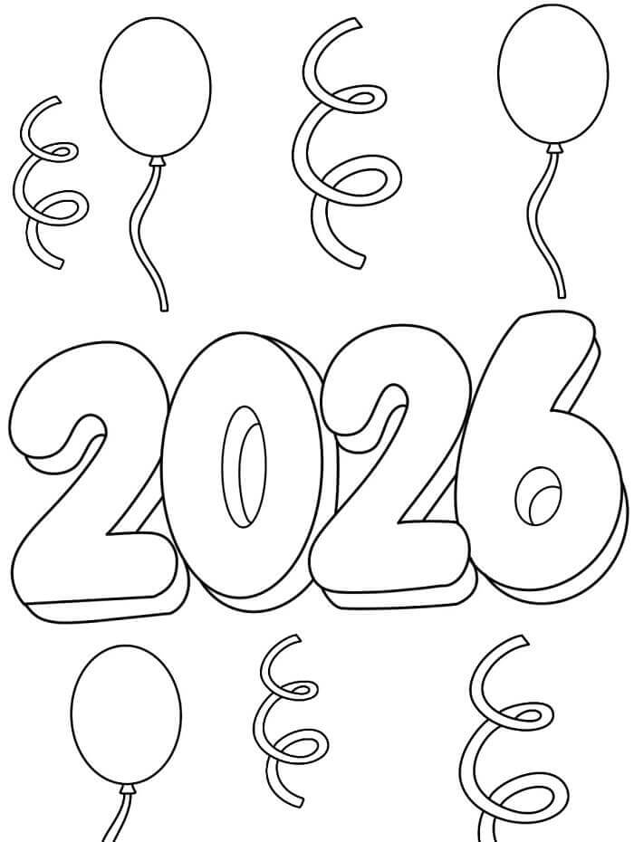 Balonlu Mutlu Yıllar 2026 Boyama Sayfası