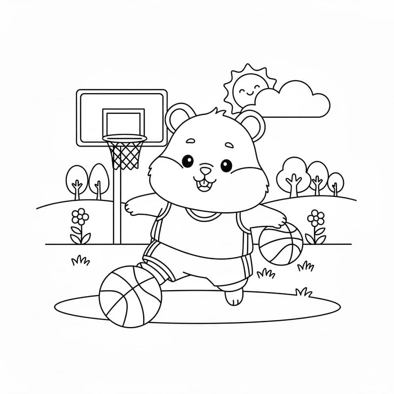 Basketbol Oynayan Hamster Boyama Sayfası