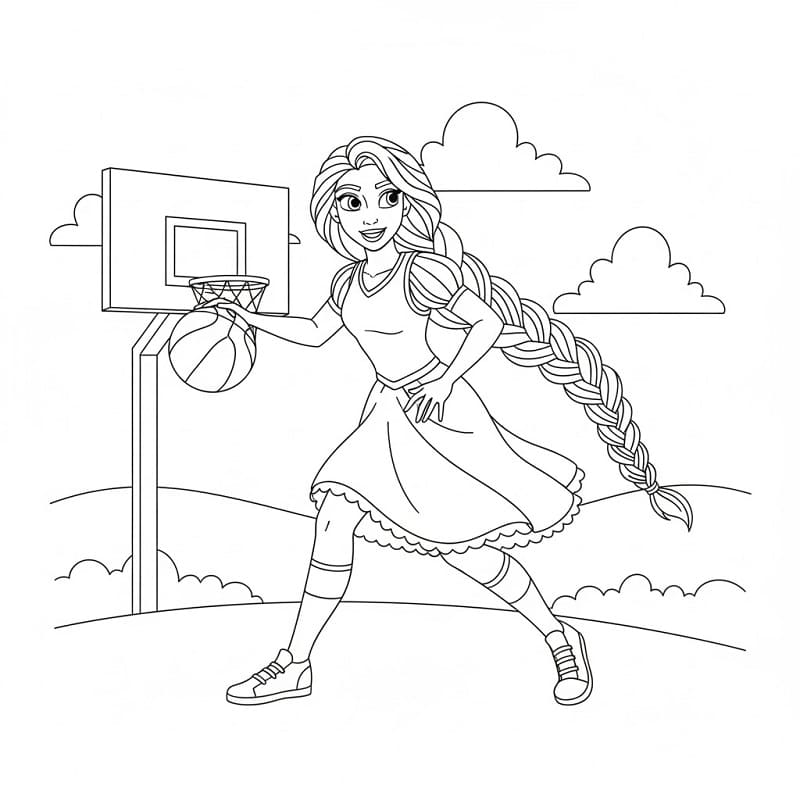 Basketbol Oynayan Rapunzel Boyama Sayfası