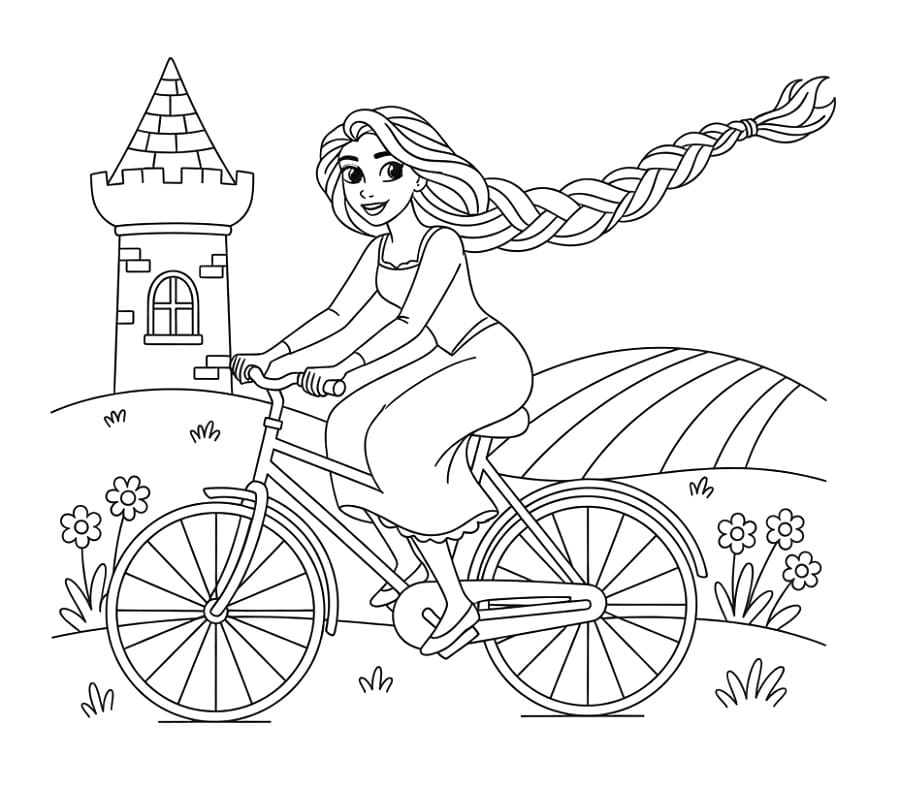 Bisiklet Süren Rapunzel Boyama Sayfası