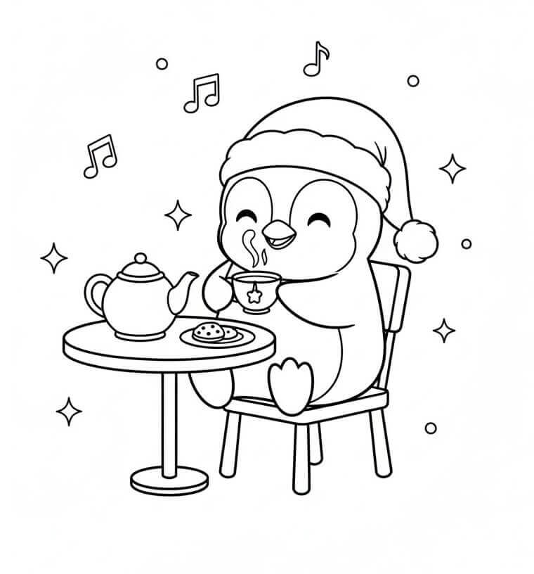 Çay İçen Penguen Boyama Sayfası