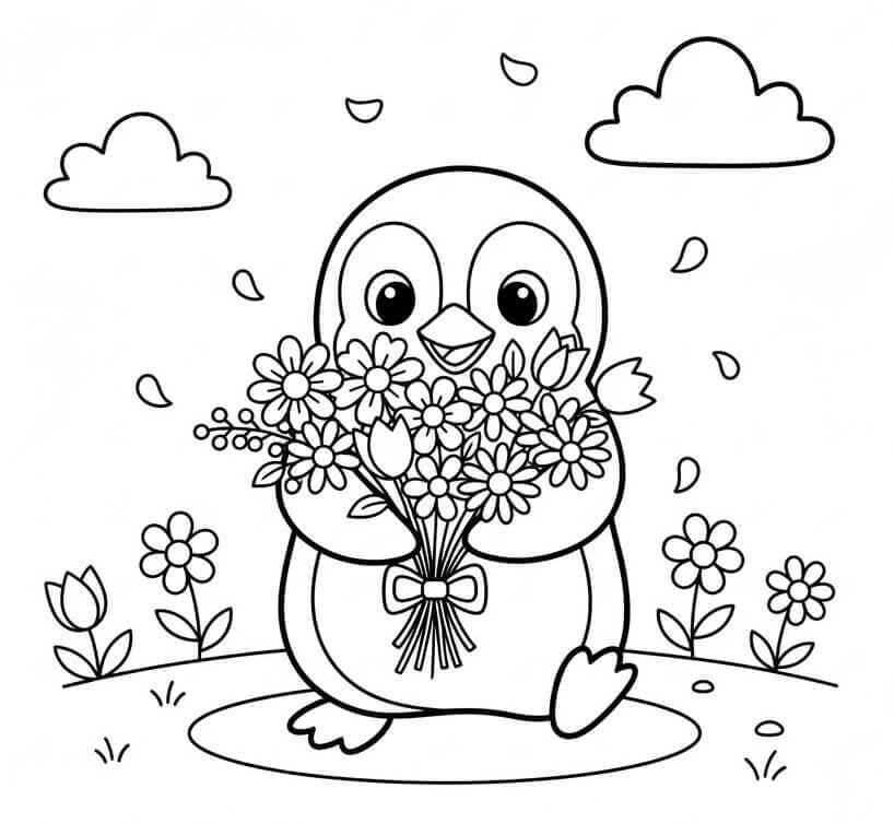 Çiçekli Penguen Boyama Sayfası