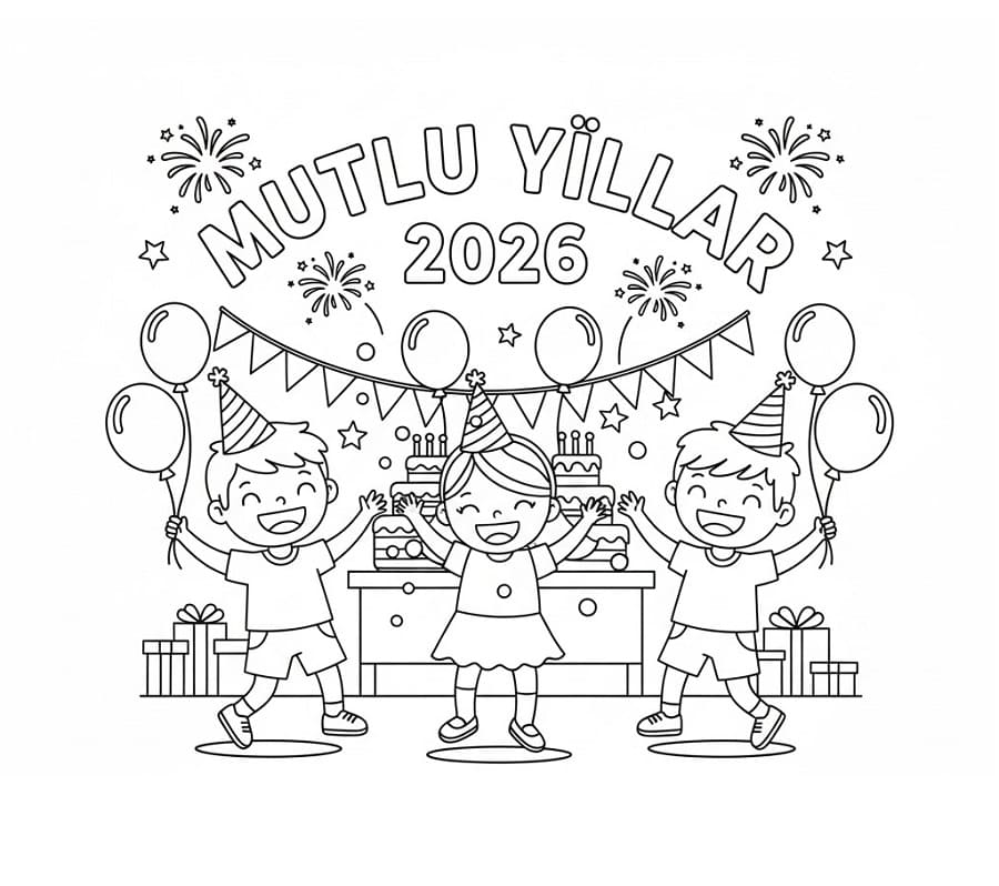 Çocuk Partisi Mutlu Yıllar 2026 Boyama Sayfası