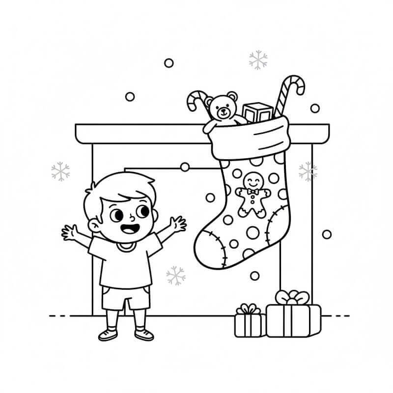 Çocuk ve Noel Çorabı Boyama Sayfası