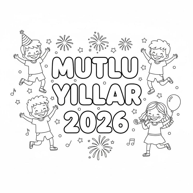 Çocuklarla Mutlu Yıllar 2026 Boyama Sayfası