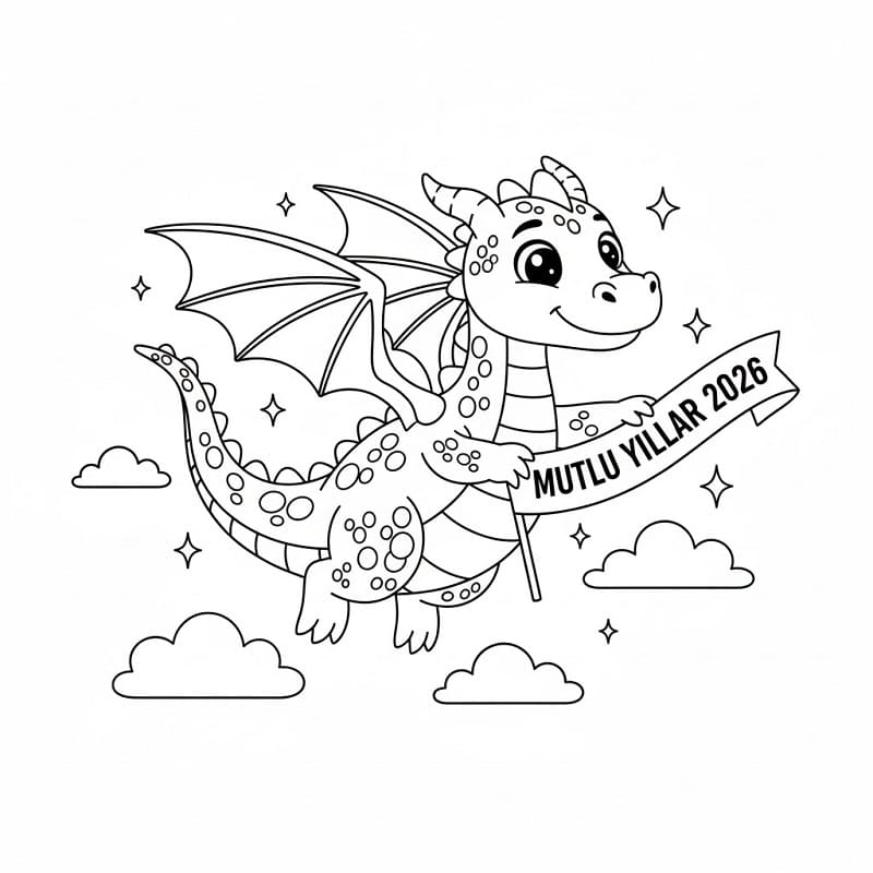 Ejderha Mutlu Yıllar 2026 Boyama Sayfası