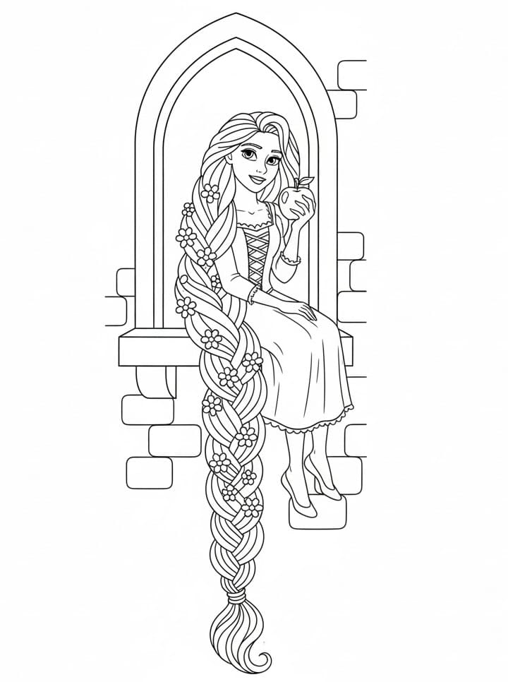 Elma Tutan Rapunzel Boyama Sayfası