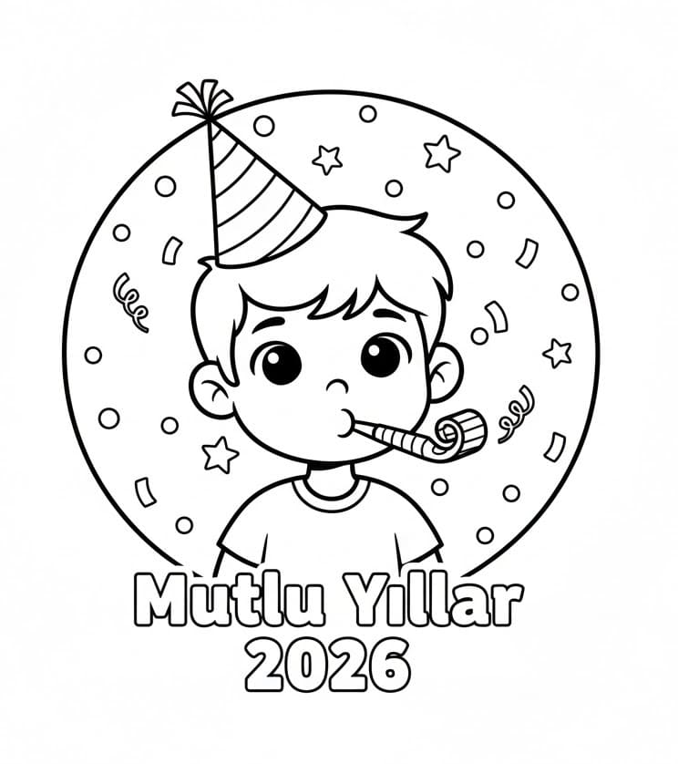 Erkek Çocuk Mutlu Yıllar 2026 Boyama Sayfası
