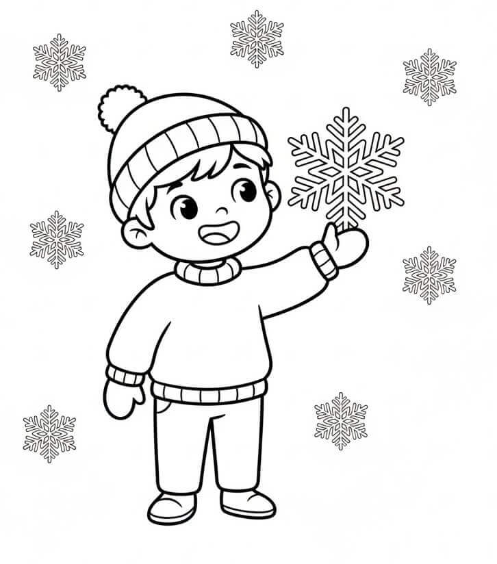 Erkek Çocuk ve Kar Taneleri Boyama Sayfası