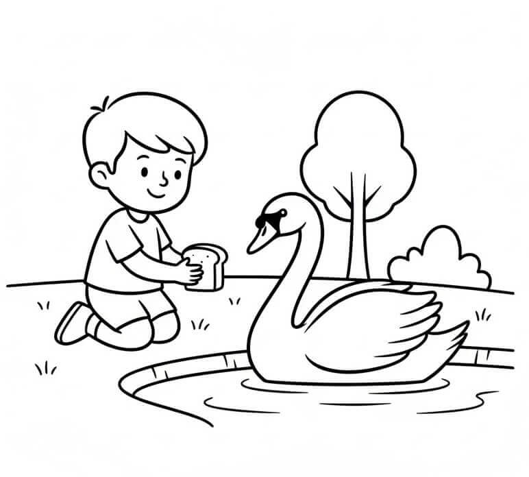 Erkek Çocuk ve Kuğu Boyama Sayfası