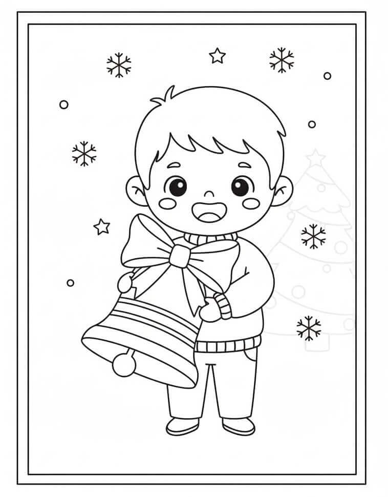 Erkek Çocuk ve Noel Çanı Boyama Sayfası