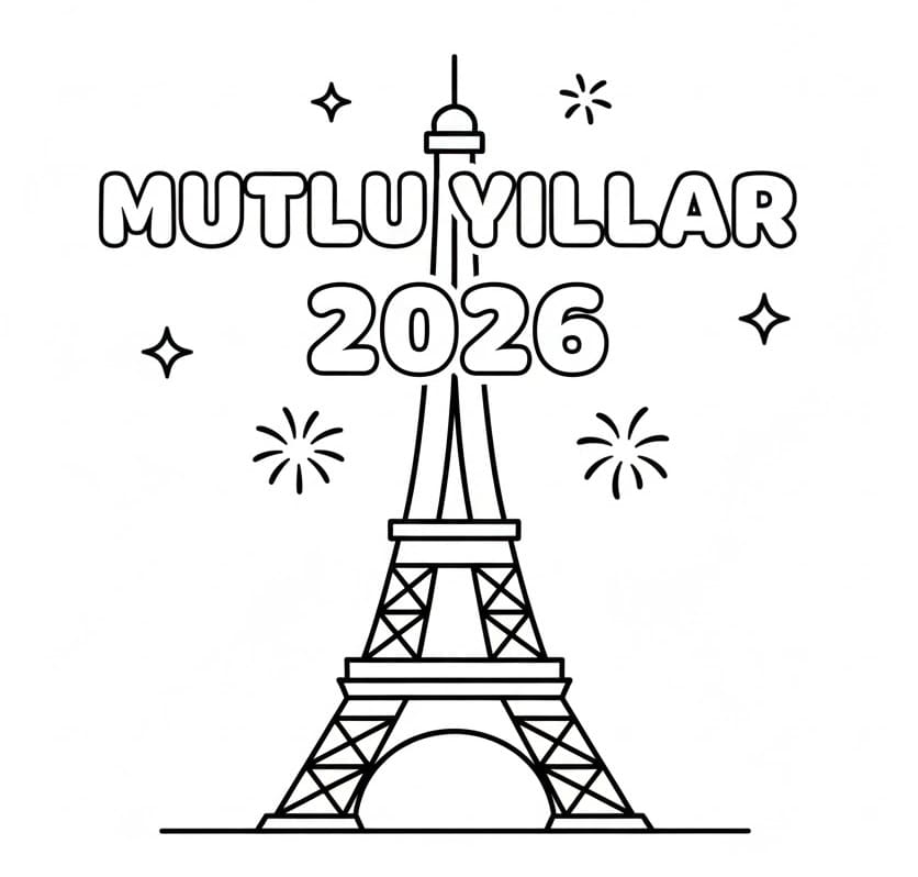 Eyfel Kulesi Mutlu Yıllar 2026 Boyama Sayfası
