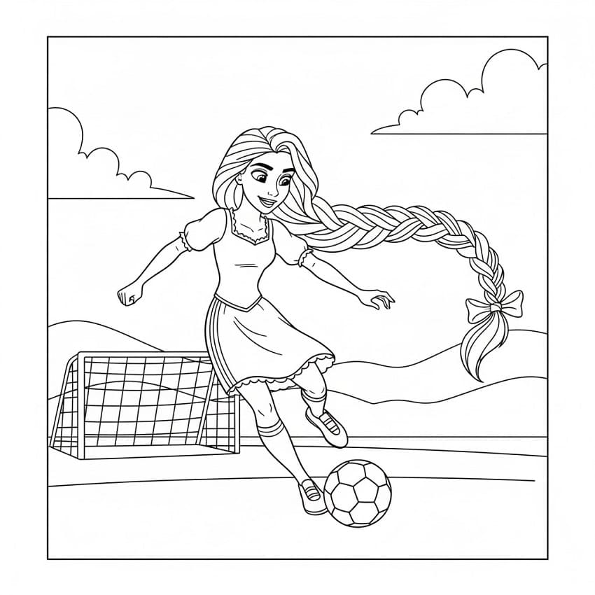Futbol Oynayan Rapunzel Boyama Sayfası