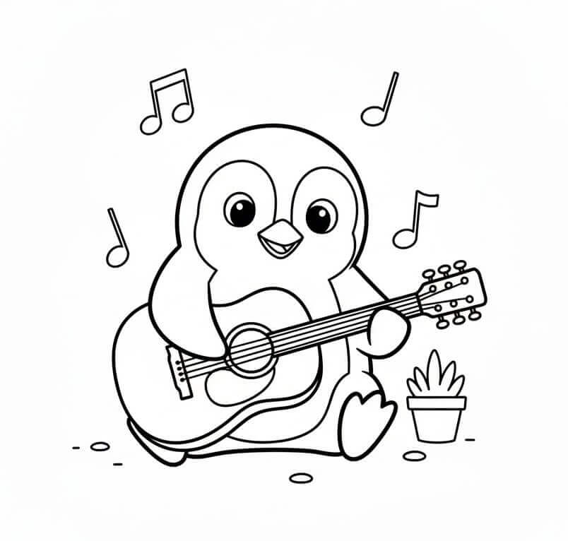 Gitar Çalan Penguen Boyama Sayfası