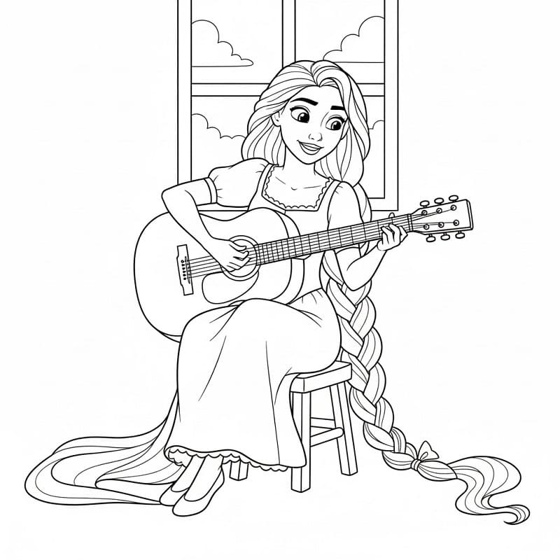 Gitar Çalan Rapunzel Boyama Sayfası