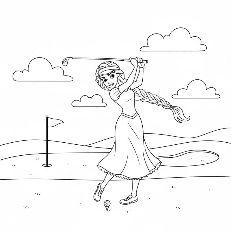 Golf Oynayan Rapunzel Boyama Sayfası