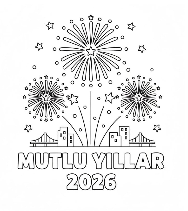Havai Fişekli Mutlu Yıllar 2026 Boyama Sayfası