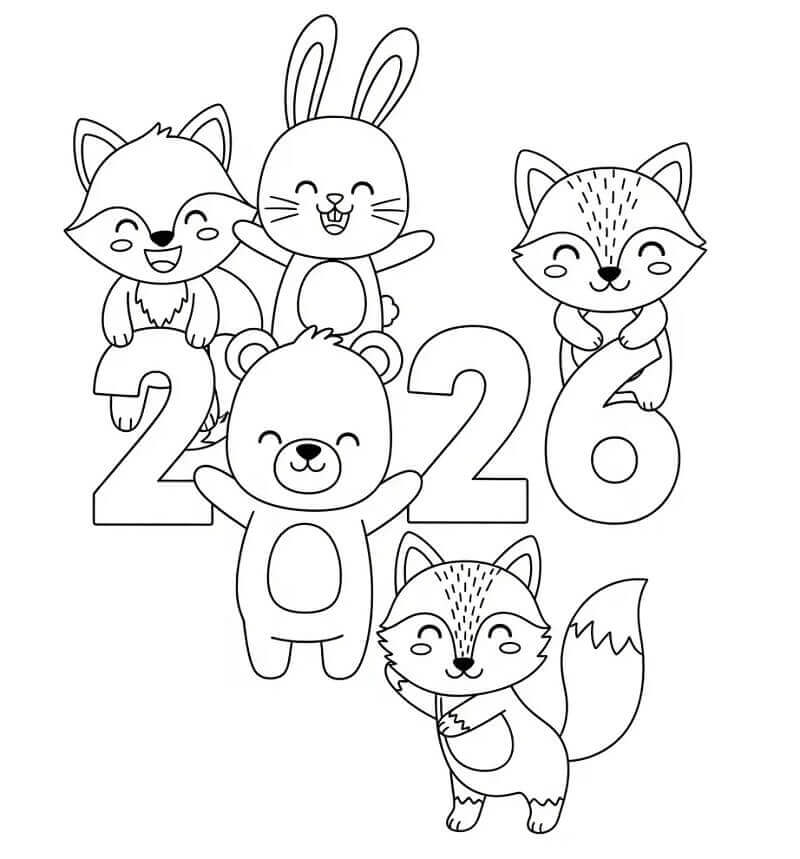 Hayvanlarla Mutlu Yıllar 2026 Boyama Sayfası