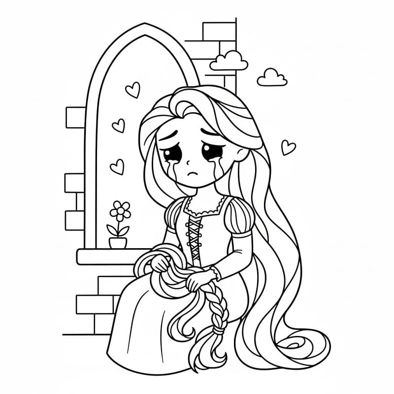 Hüzünlü Rapunzel Boyama Sayfası