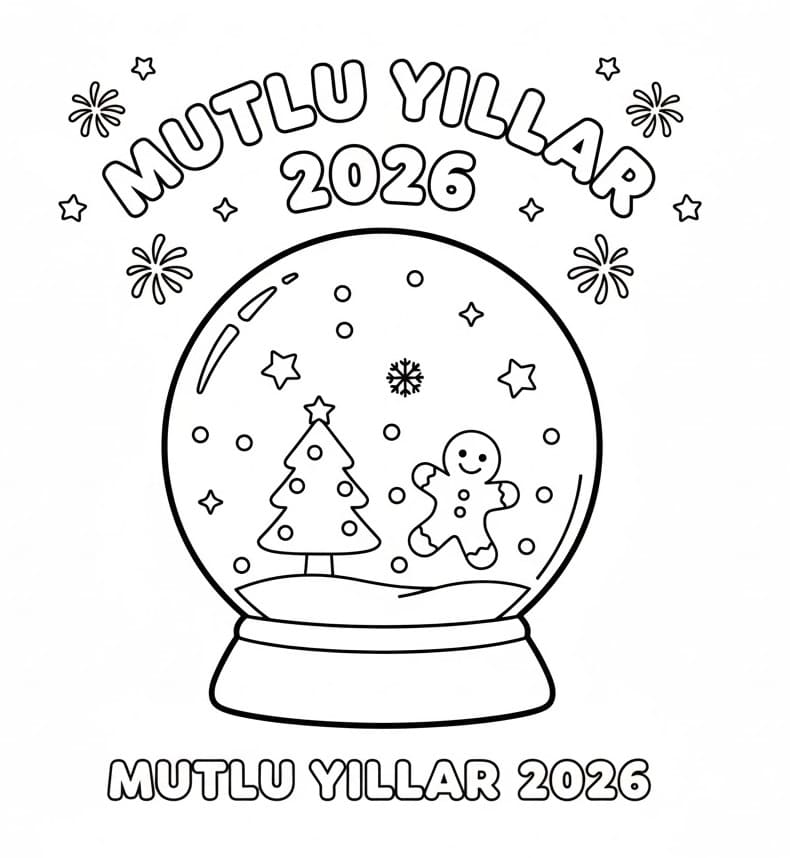 Kar Küresi Mutlu Yıllar 2026 Boyama Sayfası