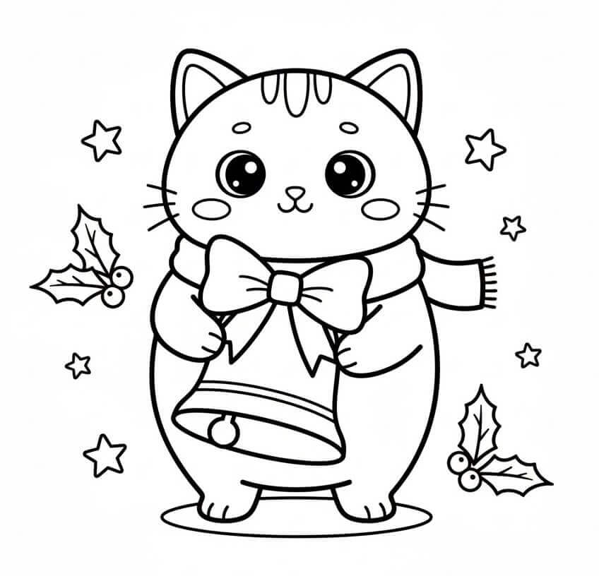 Kedi ve Noel Çanı Boyama Sayfası