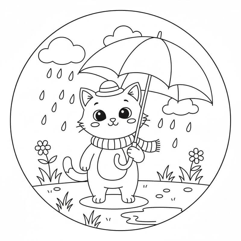 Kedi ve şemsiye Boyama Sayfası