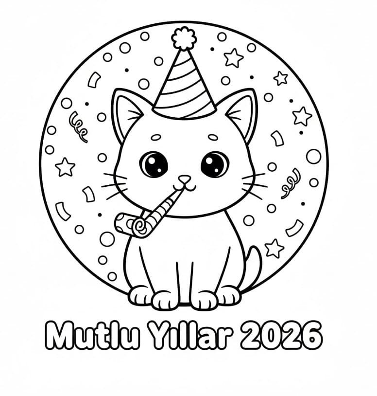 Kedili Mutlu Yıllar 2026 Boyama Sayfası