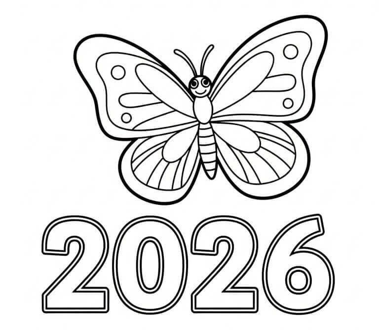 Kelebekli Mutlu Yıllar 2026 Boyama Sayfası