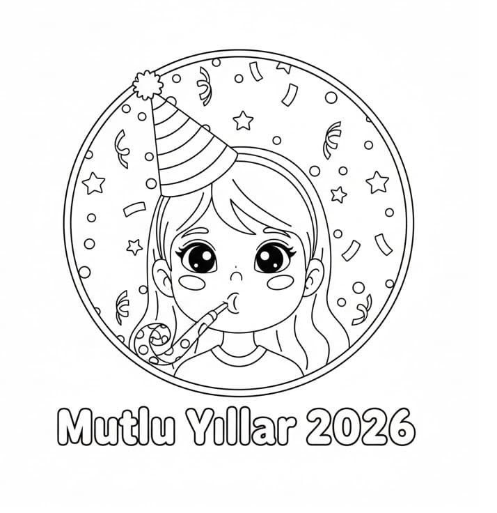 Kız Çocuk Mutlu Yıllar 2026 Boyama Sayfası
