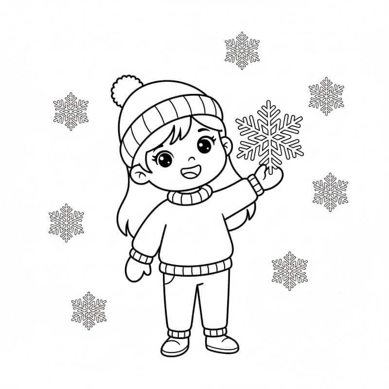 Kız Çocuk ve Kar Taneleri Boyama Sayfası