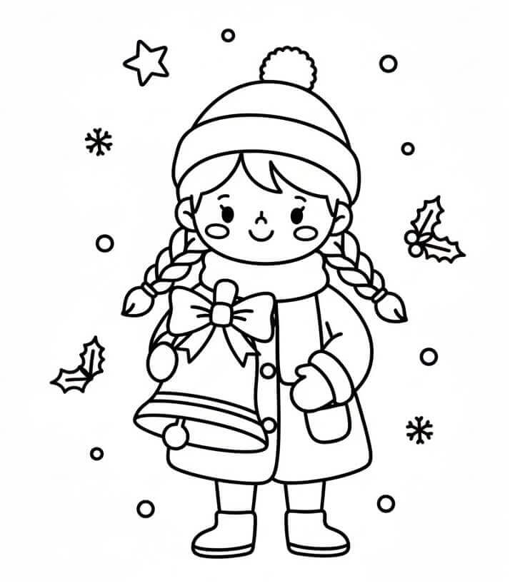 Kız Çocuk ve Noel Çanı Boyama Sayfası