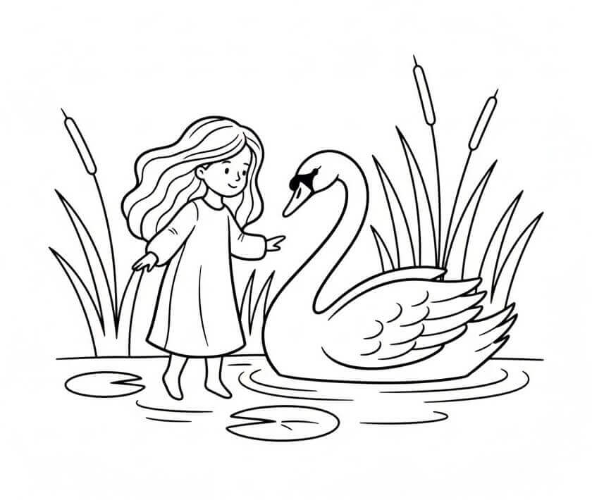 Kız ve Kuğu Boyama Sayfası