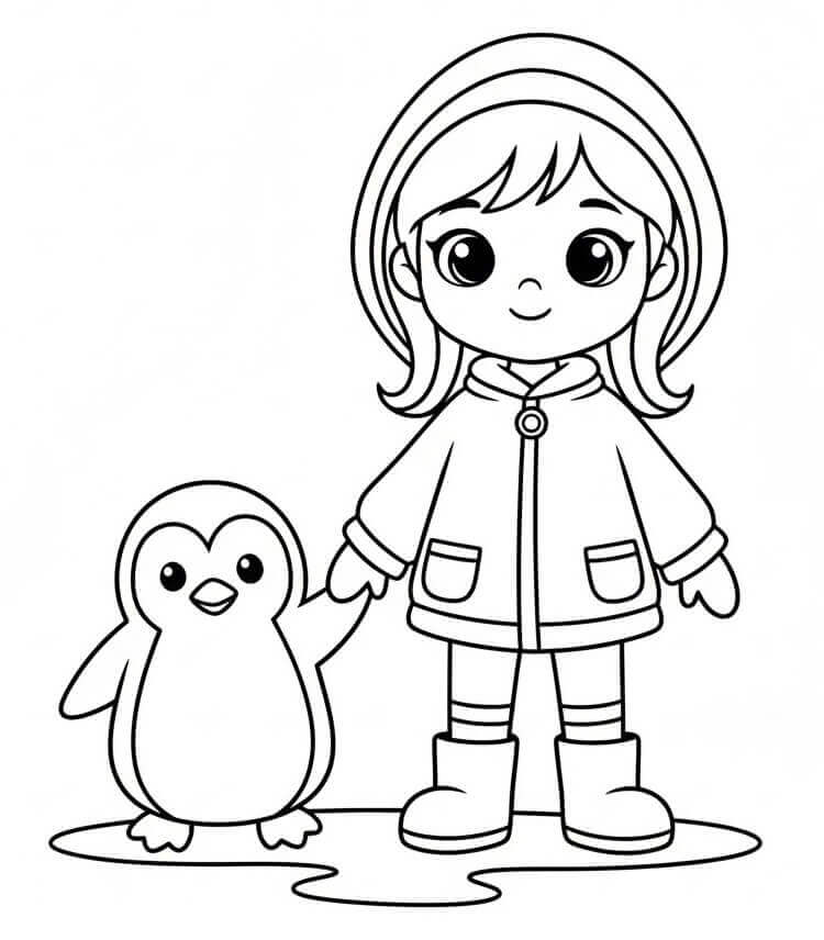 Kız ve Penguen Boyama Sayfası