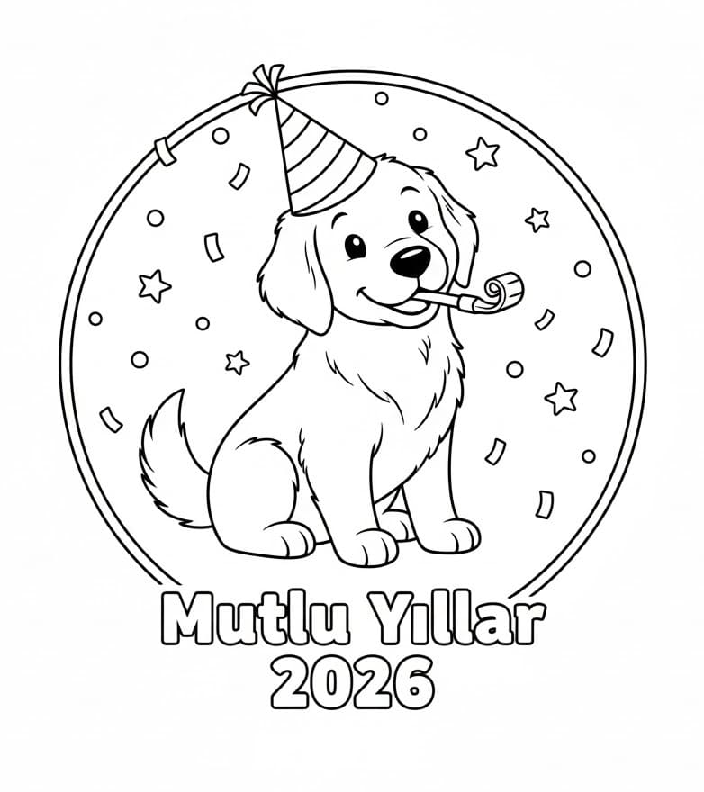 Köpekli Mutlu Yıllar 2026 Boyama Sayfası