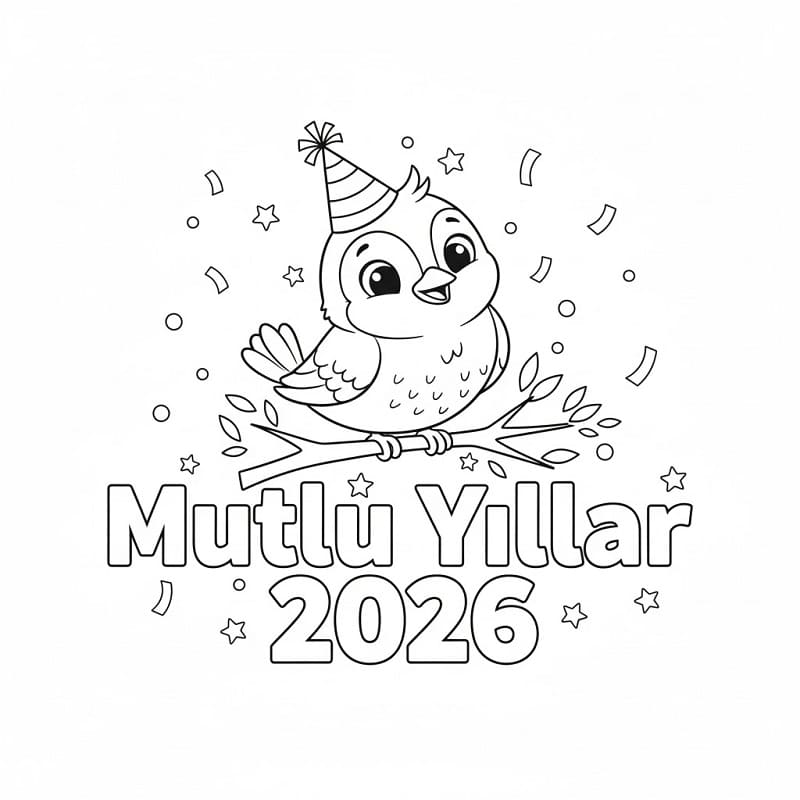 Kuşlu Mutlu Yıllar 2026 Boyama Sayfası