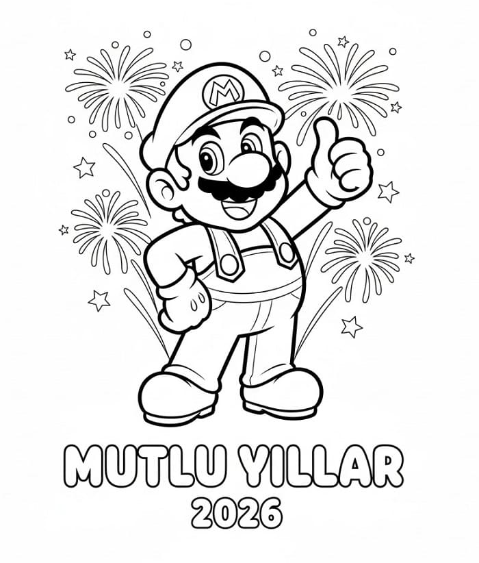 Mario Mutlu Yıllar 2026 Boyama Sayfası