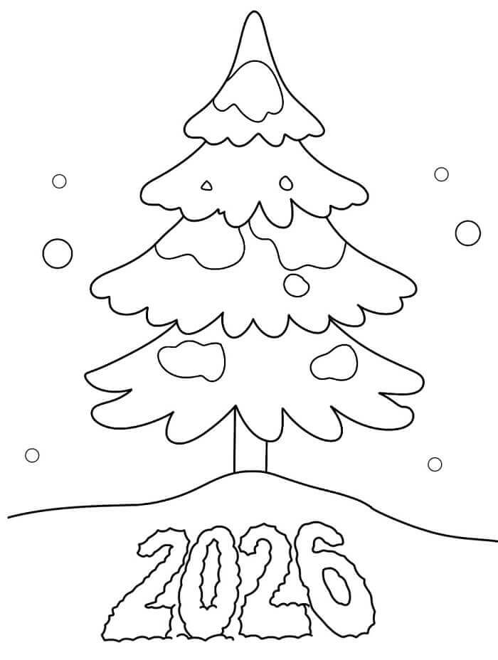 Noel Ağacı Mutlu Yıllar 2026 Boyama Sayfası