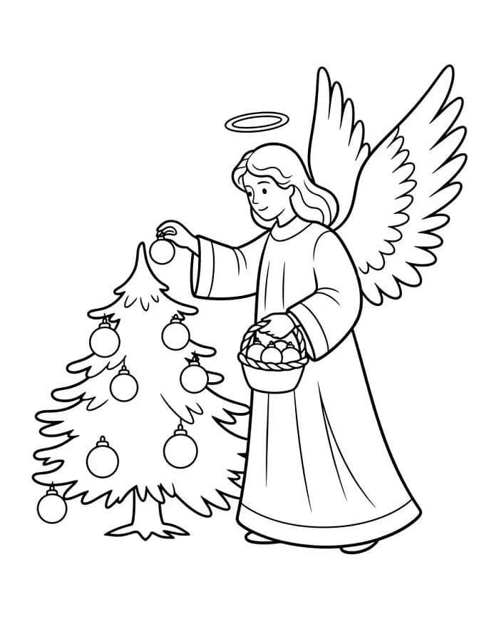 Noel Ağacıyla Noel Meleği Boyama Sayfası