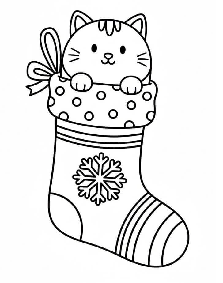 Noel Çorabındaki Kedi Boyama Sayfası