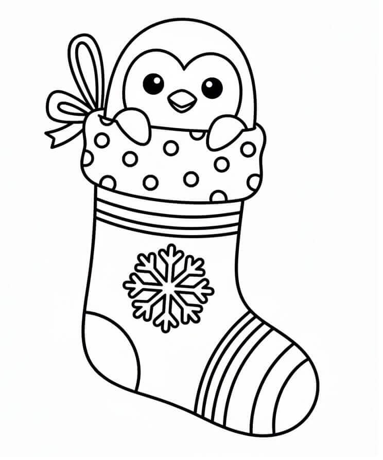 Noel Çorabındaki Penguen Boyama Sayfası