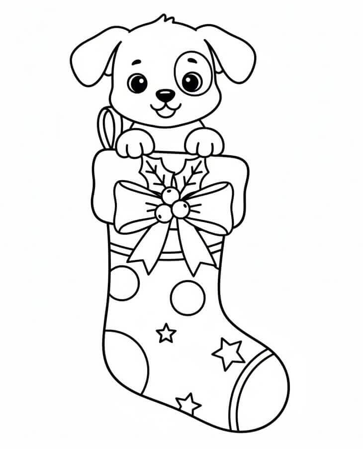 Noel Çorabındaki Yavru Köpek Boyama Sayfası