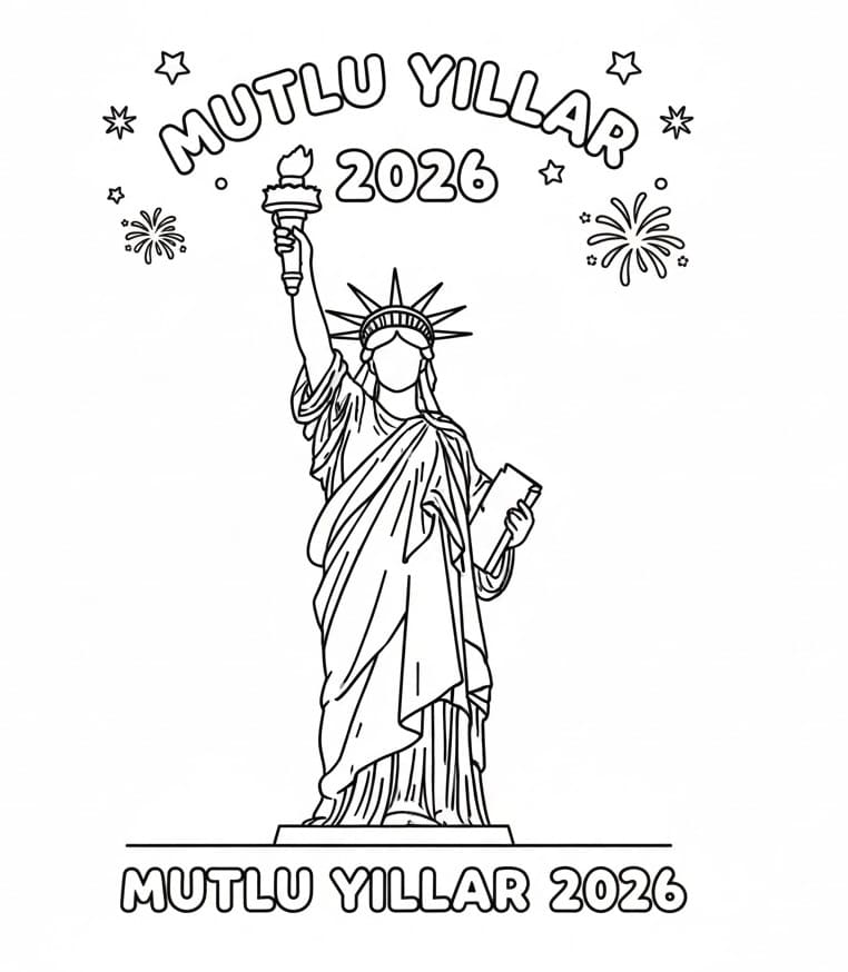 Özgürlük Heykeli Mutlu Yıllar 2026 Boyama Sayfası
