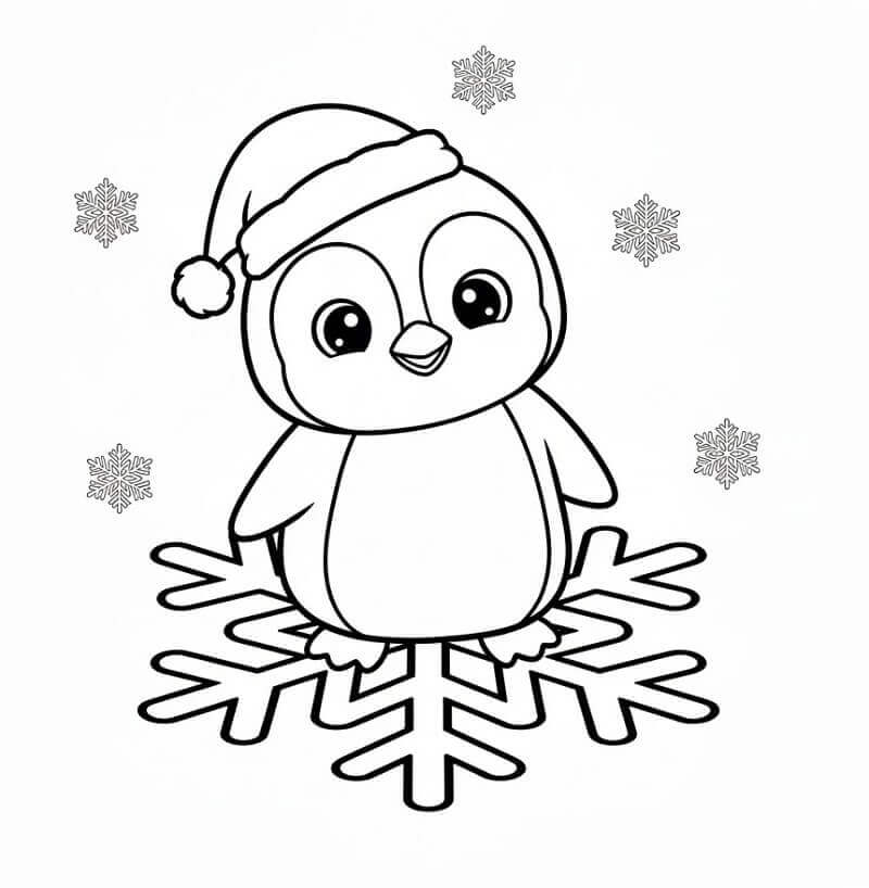 Penguen ve Kar Taneleri Boyama Sayfası