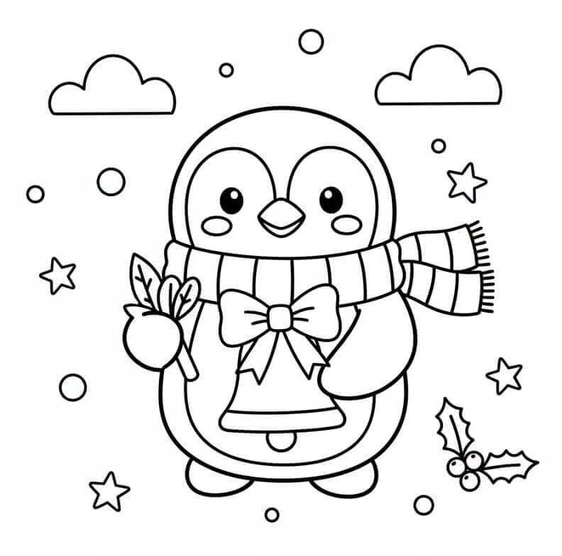 Penguen ve Noel Çanı Boyama Sayfası