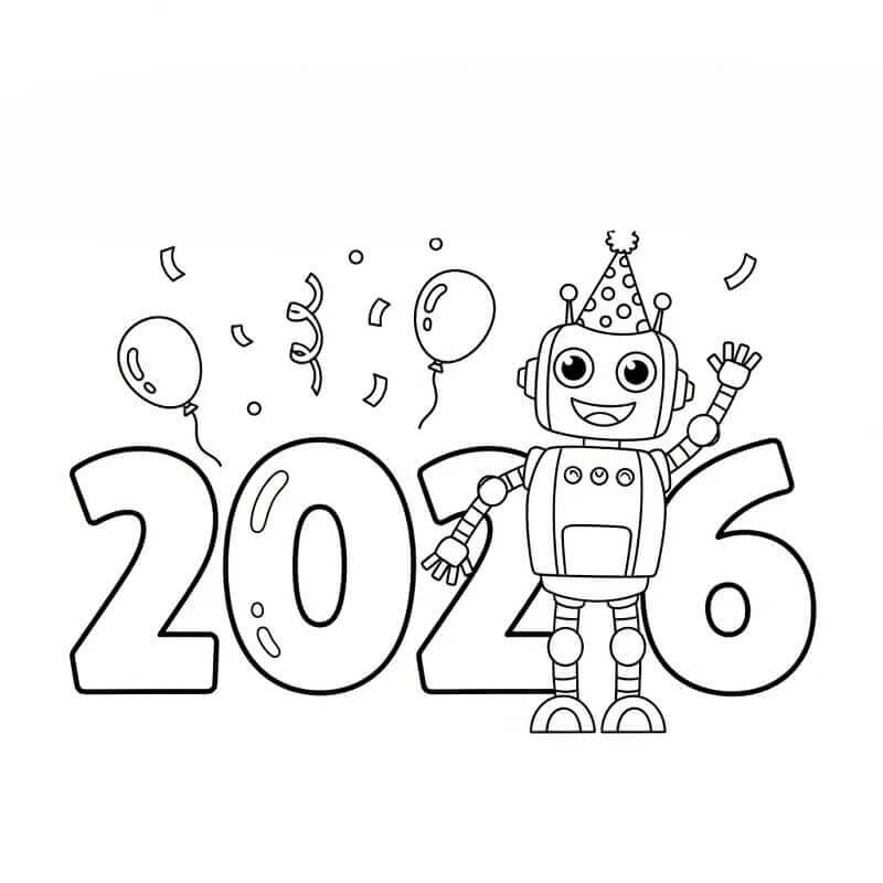 Robotlu Mutlu Yıllar 2026 Boyama Sayfası